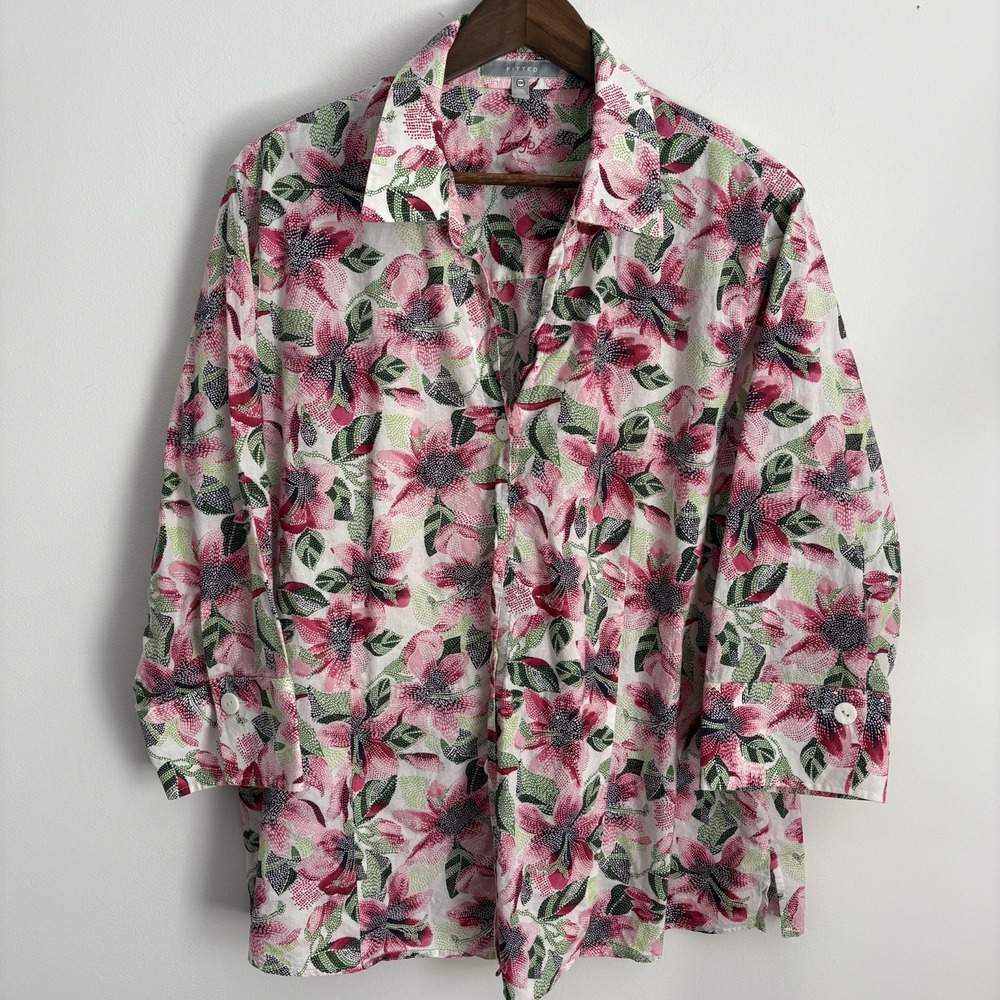 Foxcroft Womens Hibiscus Print Button Up Shirt Size 22W Pink Floral Tropical